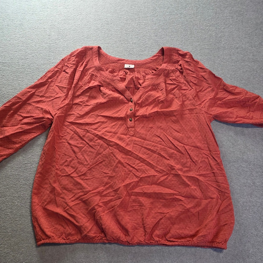 Dressbarn Peasant Blouse Womens XL Rust Henley 3/4 Sleeve Boho Button Top Flowy
